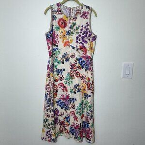 Johnny Was Women’s Linen Midi Dress Size S Floral Tropical Sleeveless Pockets